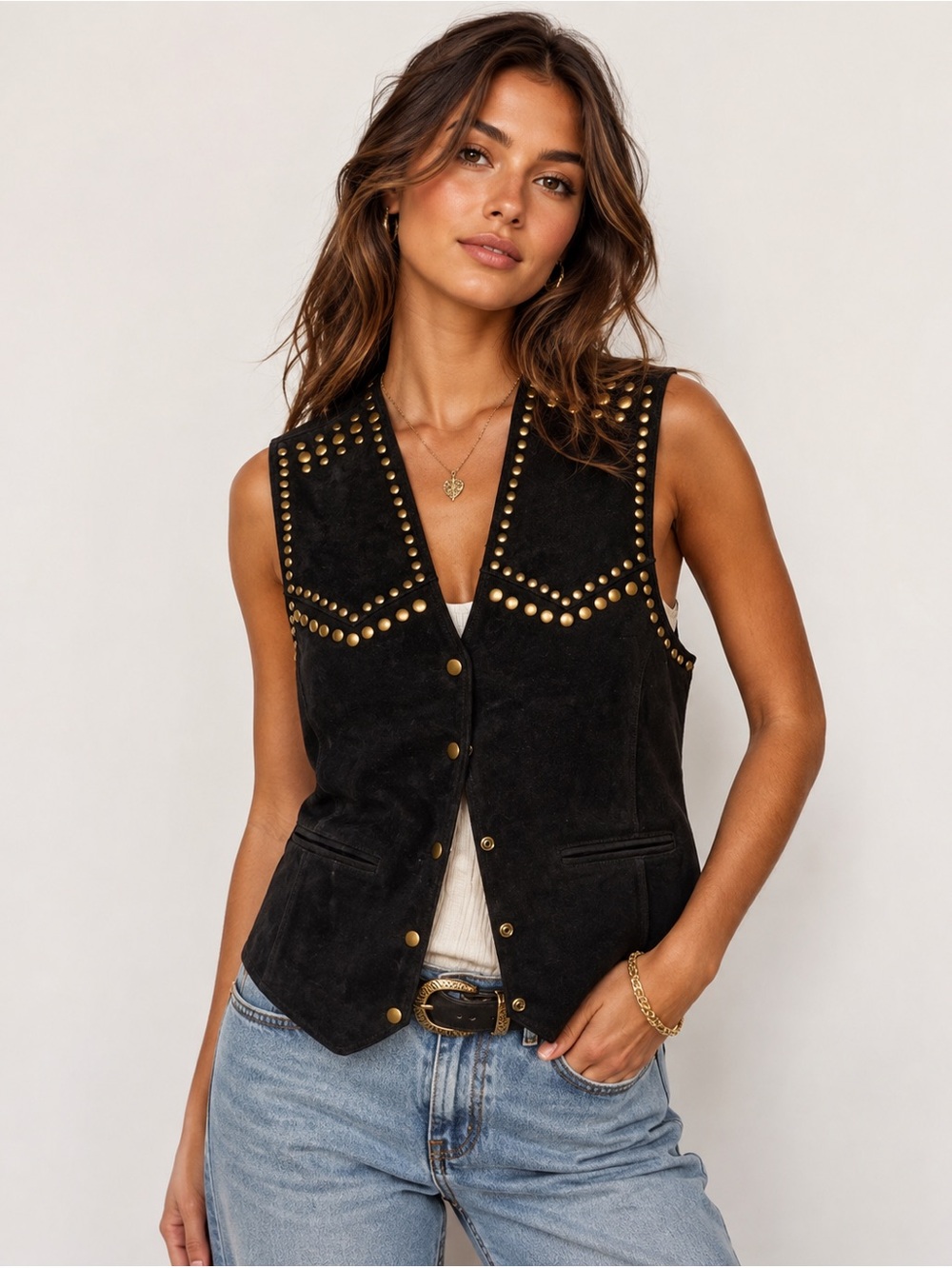 Understated Leather Black Suede Studded Vest Top Sz. XL